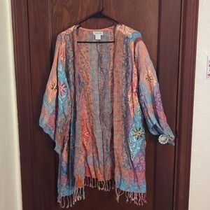 Time For Me Embroidered Bohemian Flowy Open Fringe Cardigan Size 2X